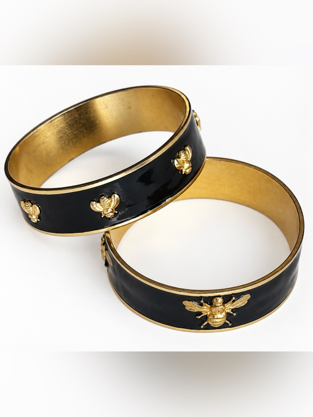 KEP Designs Black Enamel Bee Bangle Bracelet Set of 2 Gold Tone Preppy Chic